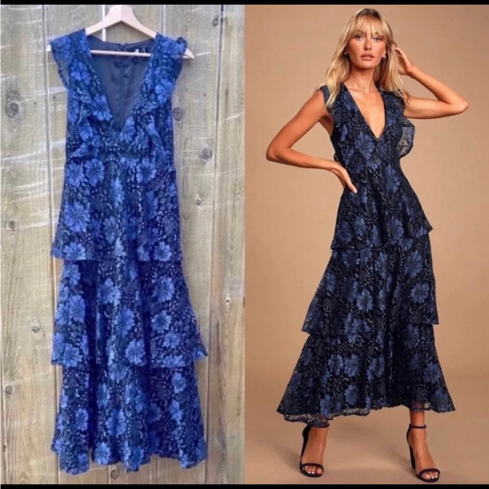 Navy Blue Molinetto Lace Ruffled Tiered Maxi Dress 🌿
